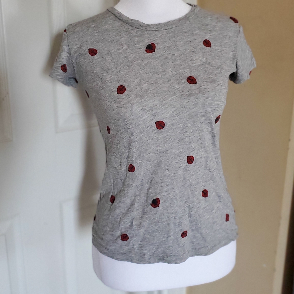 J. Crew Gray Fitted T-Shirt with Red Polka Dots